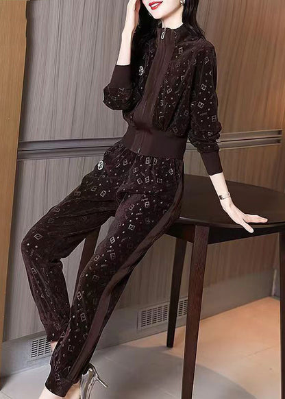 Coffee Zip Up Print Pockets Velour Two-piece Set Spring