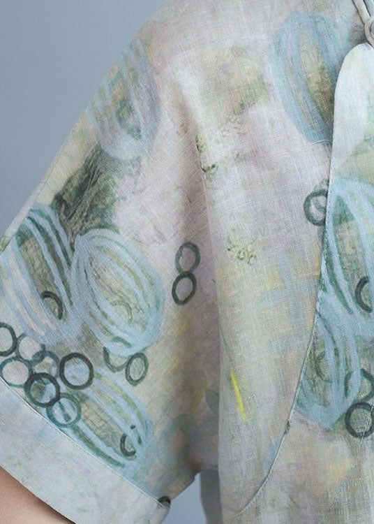 Green Print Linen Blouse Tops Short Sleeve