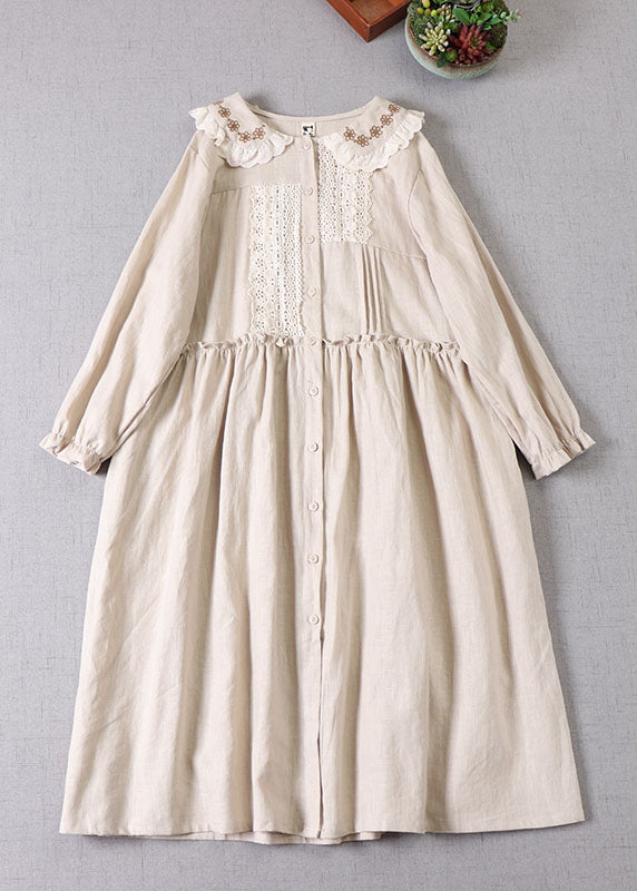 Beige Peter Pan Collar Ruffled Linen Dress Spring