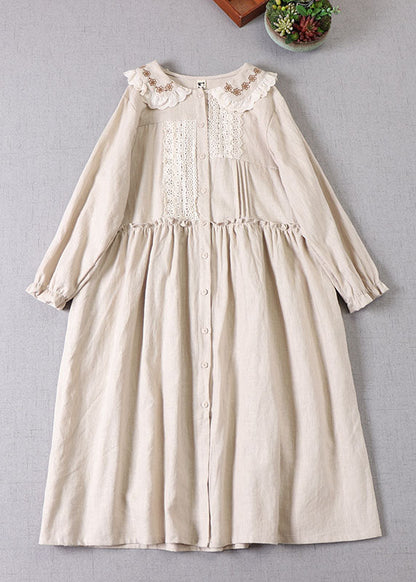 Beige Peter Pan Collar Ruffled Linen Dress Spring