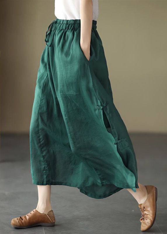 Blue Cinched Pockets Chinese Button Patchwork Cotton Skirts Summer
