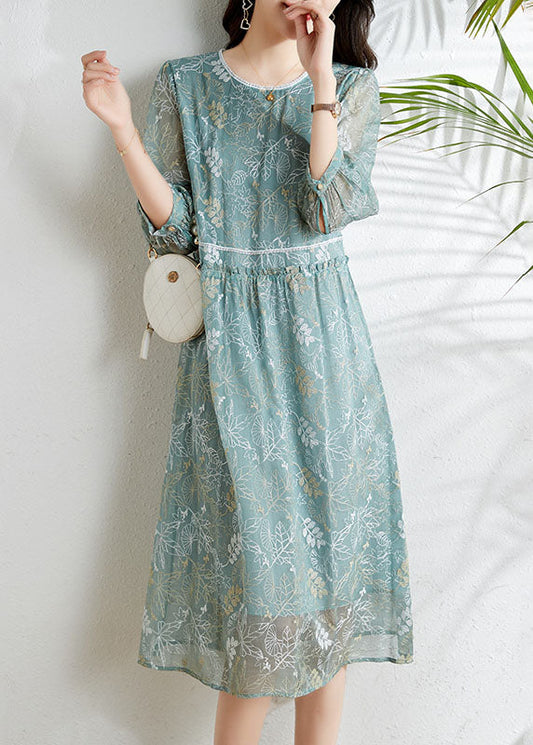 Grey Blue Hollow Out Printing Silk Dress Long Sleeve