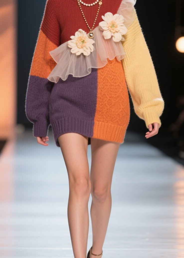 Italian Colorblock Hign Neck Tulle Knit Dress Winter
