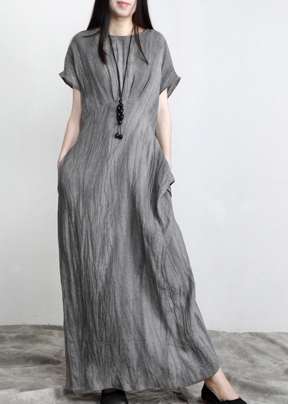 Grey O-neck Pockets Wrinkled Tie Waist Linen Long Dresses Short Sleeve