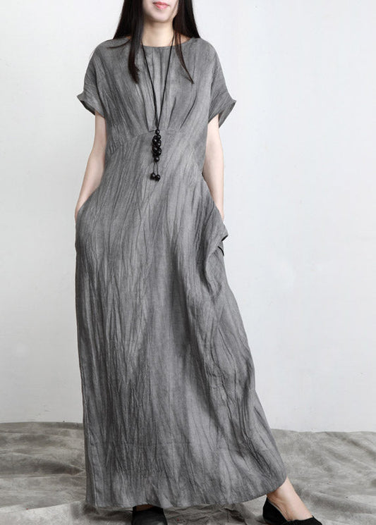 Grey O-neck Pockets Wrinkled Tie Waist Linen Long Dresses Short Sleeve
