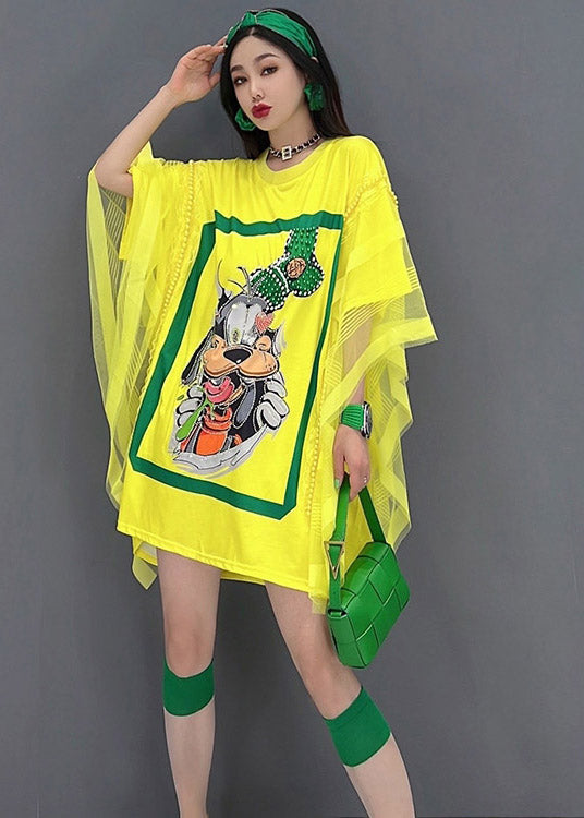 Batwing Yellow O-neck Print Tulle Top Batwing Sleeve