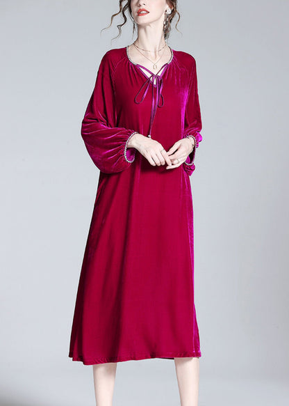 Handmade Red V Neck Neck Tie Velour Maxi Dress Spring
