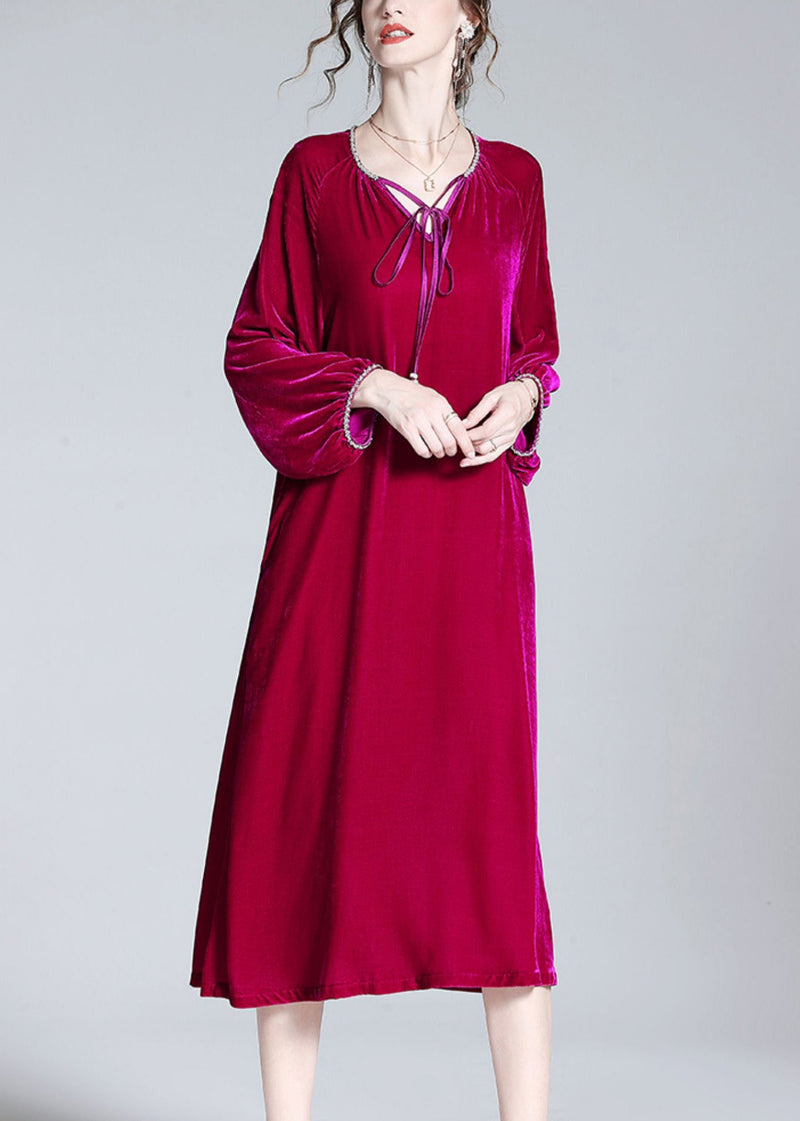 Handmade Red V Neck Neck Tie Velour Maxi Dress Spring
