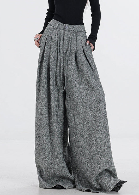 New Grey Zippered Button High Waist Woolen Wide Leg Pants