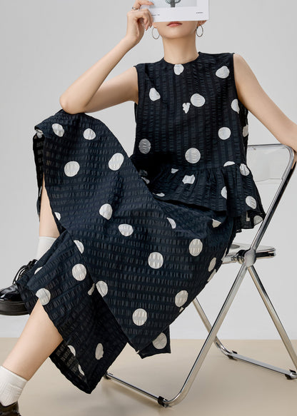 New Black Dot Tops and Pants Skirt Cotton Two Piece Set Sleeveless