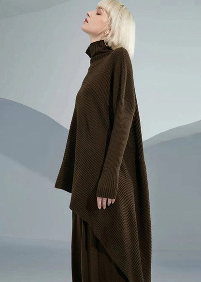 Diy Chocolate Turtle Neck Asymmetrical Wool Sweater Tops Long Sleeve Winter