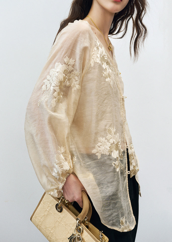 Beige V Neck Embroidered Silk Blouse Tops Fall