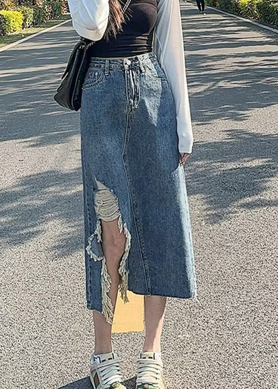 Denim Blue Asymmetrical Patchwork Pockets a Line Skirt
