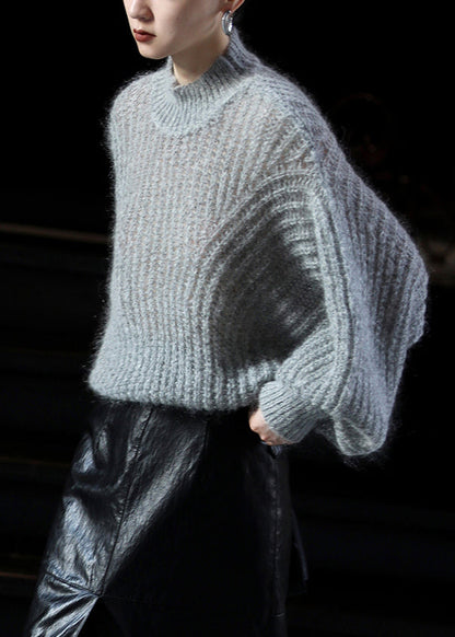 Blue O-neck Ma Hai Mao Knit Sweater Lantern Sleeve