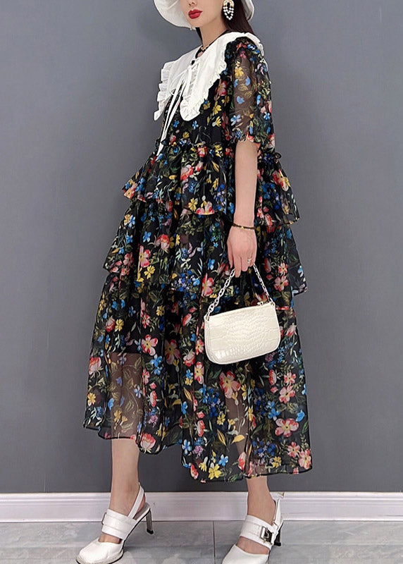Black Sailor Collar Layered Design Cinched Print Chiffon Dress Short Sleeve