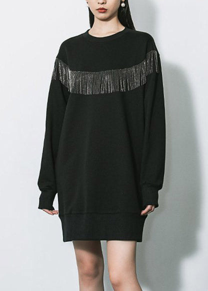 Unique Black O-neck Tassel Sequins Cotton Mid Dresses Long Sleeve