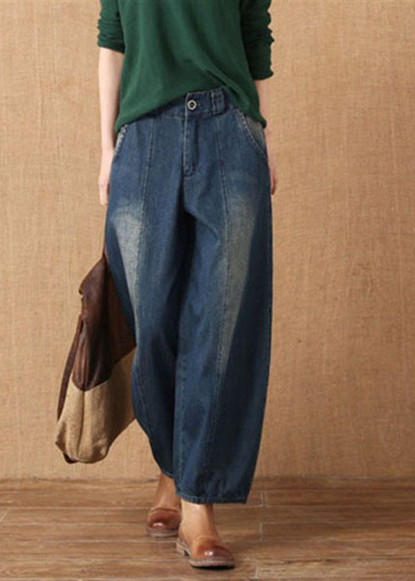 Denim Blue High Waist Pockets Patchwork Cotton Harem Pants Spring