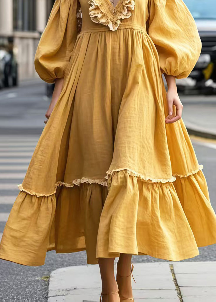 Yellow Cold Shoulder Ruffled Party Dresses Lantern Sleeve