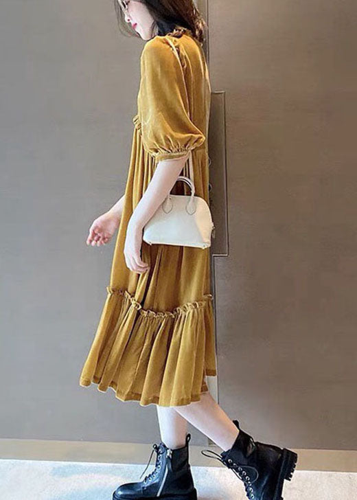Yellow Ruffled Patchwork Velour Fall Half Sleeve Maxi Dresses