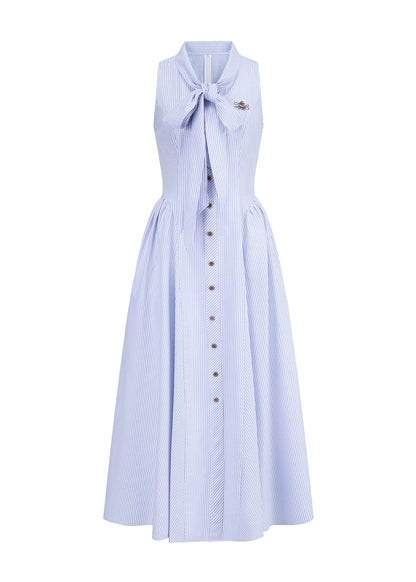 Diy Light Blue Striped Bow Cotton Long Dress Sleeveless