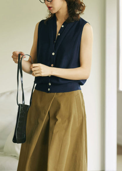 Khaki V Neck Button Woolen Vest Tops Sleeveless