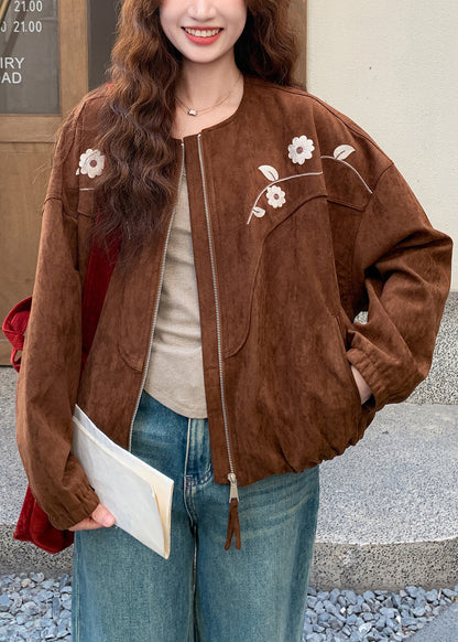 Brown Embroidered Faux Suede Jacket Fall