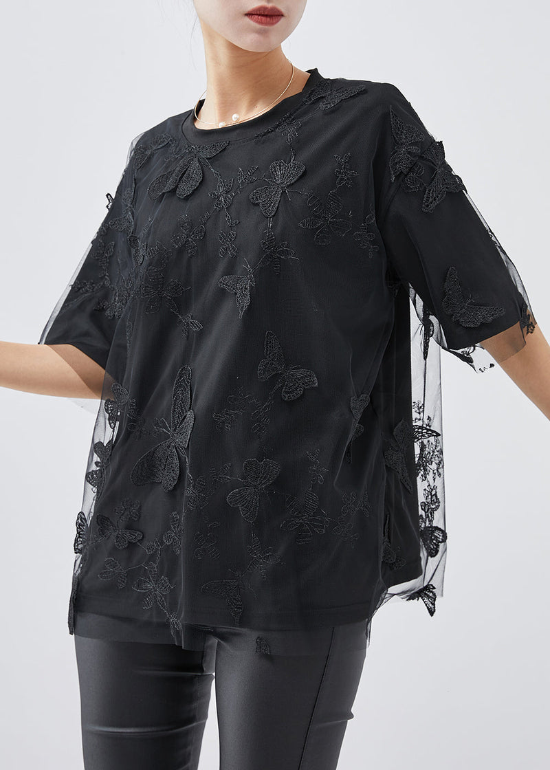 Black Embroideried Butterfly Tulle Tops Summer