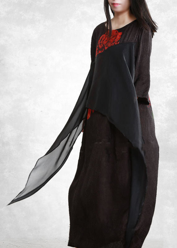 Black O-neck Asymmetrical Print Long Dresses Three Quarter Sleeve