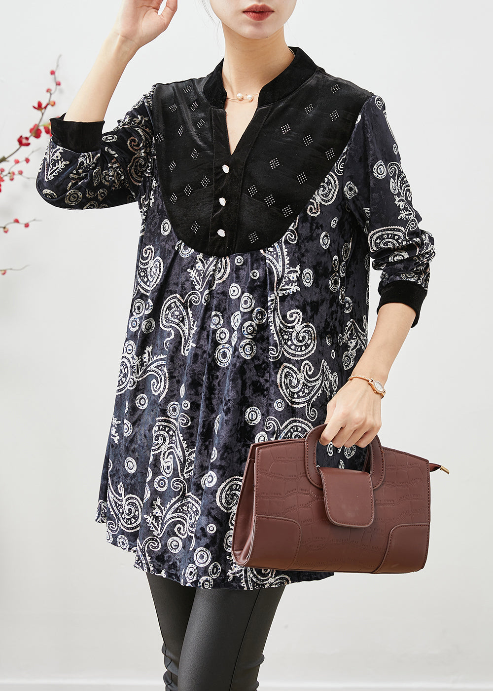 Black V Neck Patchwork Print Silk Velour Long Shirt Fall
