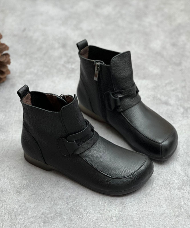 Handmade Cowhide Leather Boots Black Zippered Boots