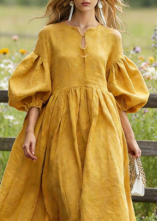 Yellow Exra Large Hem Cotton Maxi Dresses Lantern Sleeve