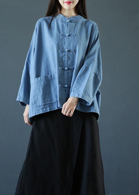 Loose Stand Collar Chinese Button Clothes for Sleeve Denim Light Blue Shirts