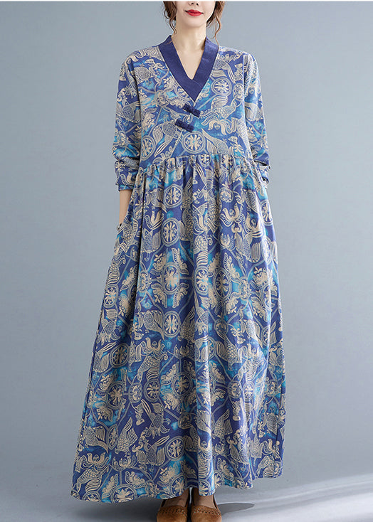Style Blue Wrinkled V Neck Exra Large Hem Cotton Long Dresses Long Sleeve
