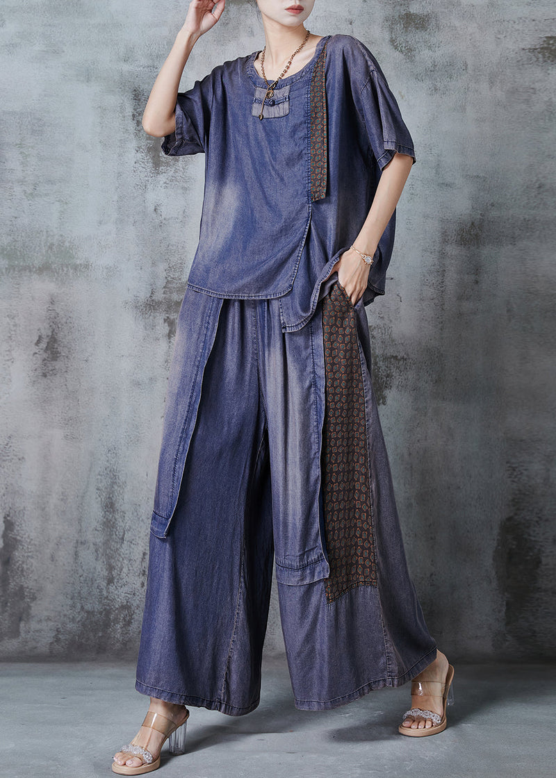 Blue Asymmetrical Patchwork Denim Two Pieces Set Summer