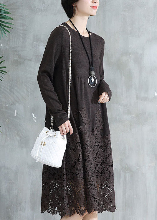 Coffee O Neck Wrinkled Lace Patchwork Knit Dress Fall