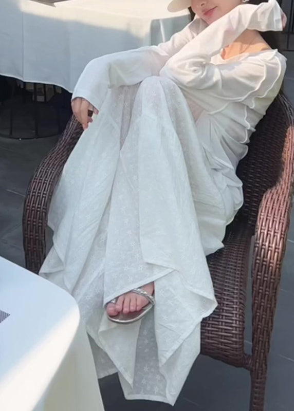 White O-neck Patchwork Top and Wide Leg Pants Two Pieces Set Long Sleeve