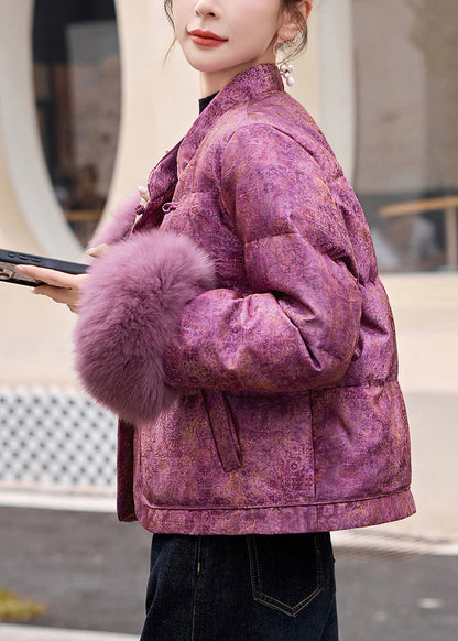 Purple Jacquard Patchwork Fox Fur Duck Down Jackets Winter