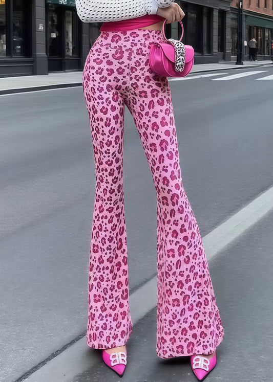 Rose Tummy Control Leopard Print Cotton Flared Trousers Summer
