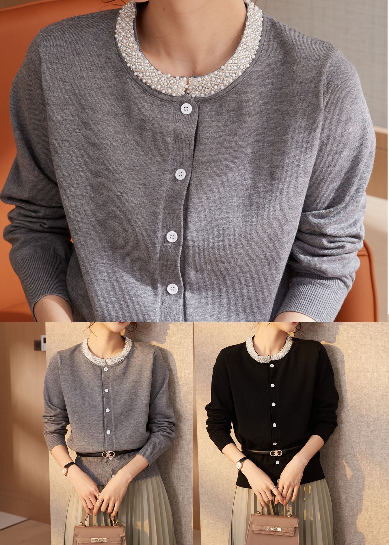 Classy Grey O-neck Nail Bead Wool Knit Cardigans Spring
