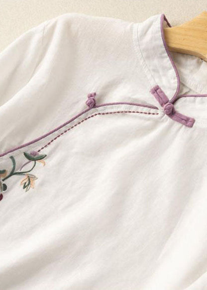 White Embroideried Button Blouse Tops Half Sleeve