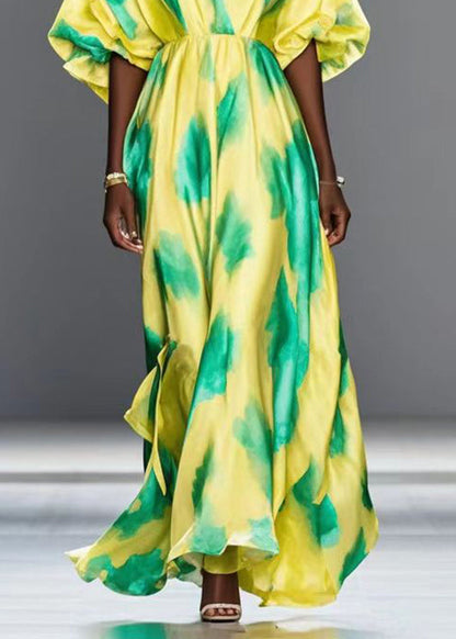 Handmade Yellow V Neck Print Silk Holiday Dress Batwing Sleeve Summer