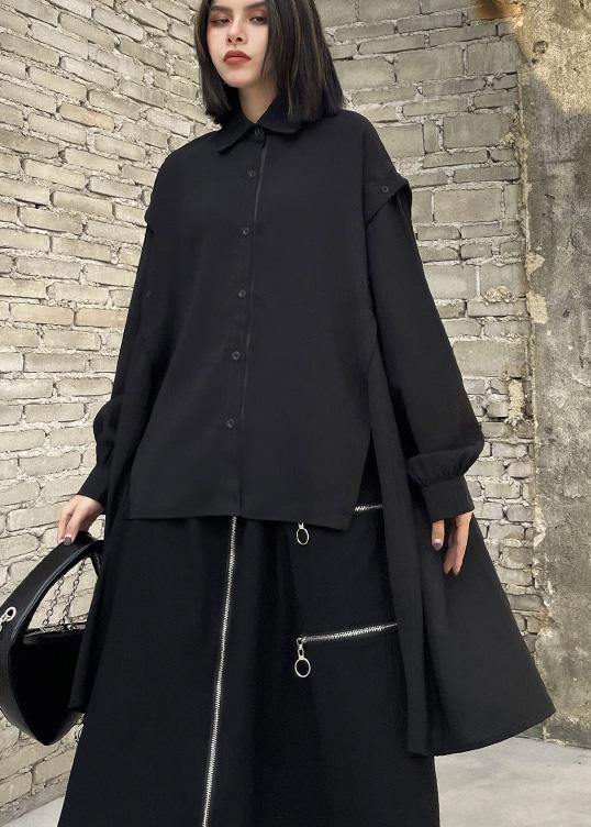 Black Asymmetrical Design Button Shirt Long Sleeve Spring