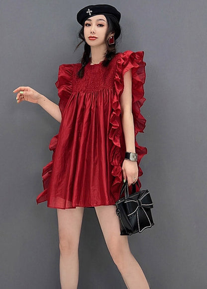 Red O-neck Ruffles Wrinkled Chiffon Dress Short Sleeve