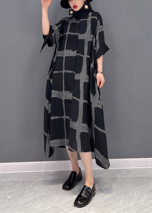 Grey Peter Pan Collar Asymmetrical Print Button Pockets Long Dress Half Sleeve