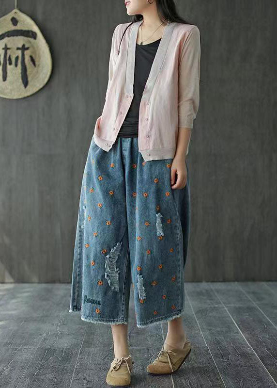 Denim Blue Elastic Waist Daisy Embroideried Hole Cotton Straight Pants Summer