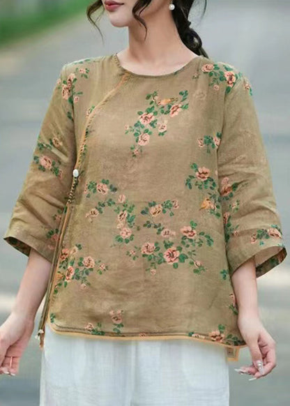 Light Purple O-neck Print Linen Tops Bracelet Sleeve