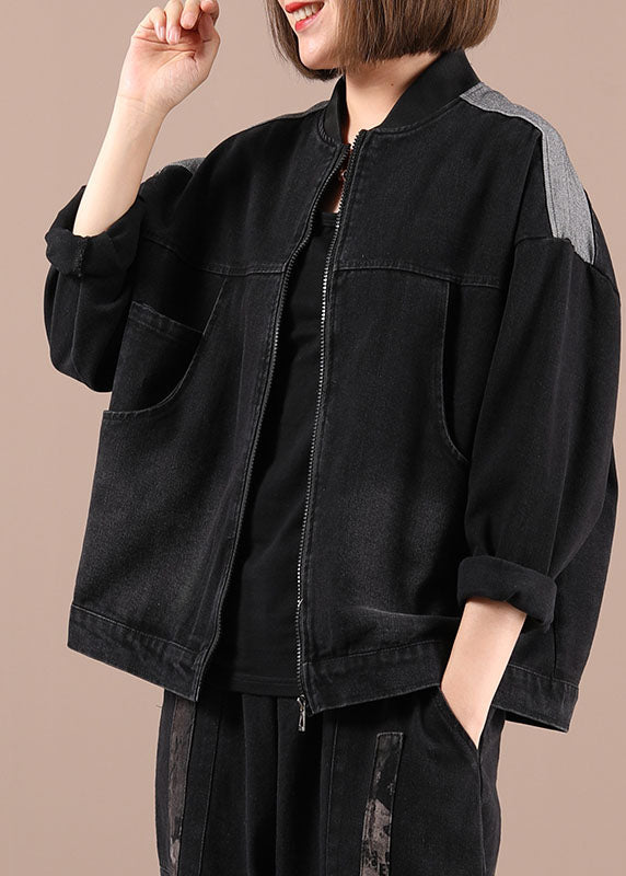 Blue Denim Zippered Pockets Fall Coat Long Sleeve