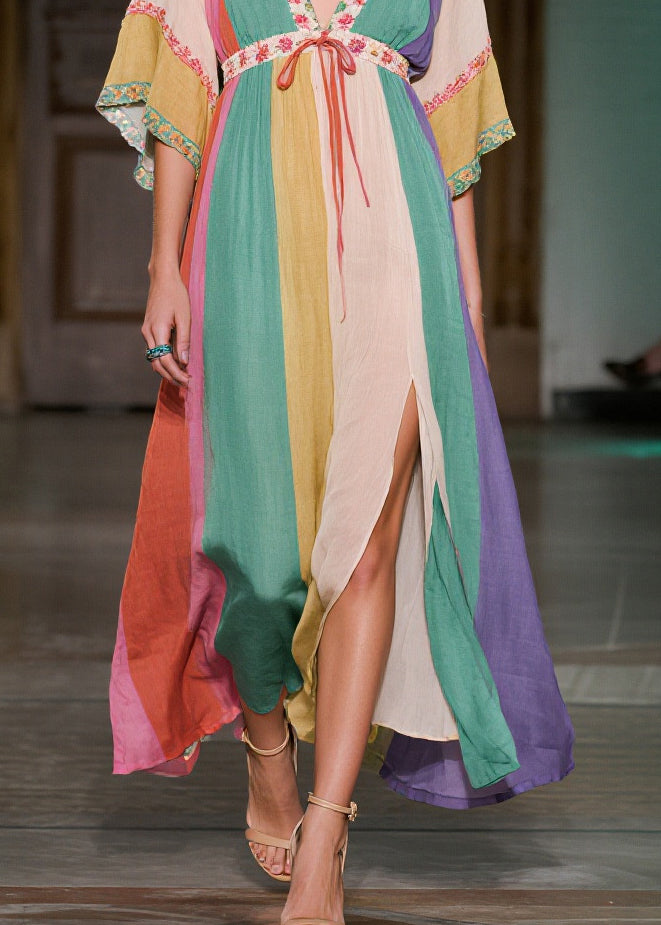 Colorblock Deep-v Neck Side Open Cotton Long Dress Summer
