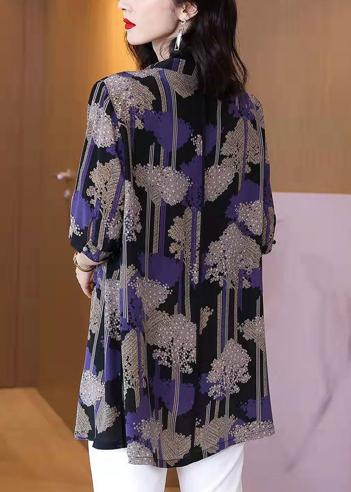 Black Button Peter Pan Collar Print Chiffon Shirt Tops Half Sleeve
