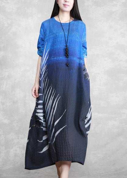 O Neck Asymmetric Spring Tunics Blue Black Print Dresses